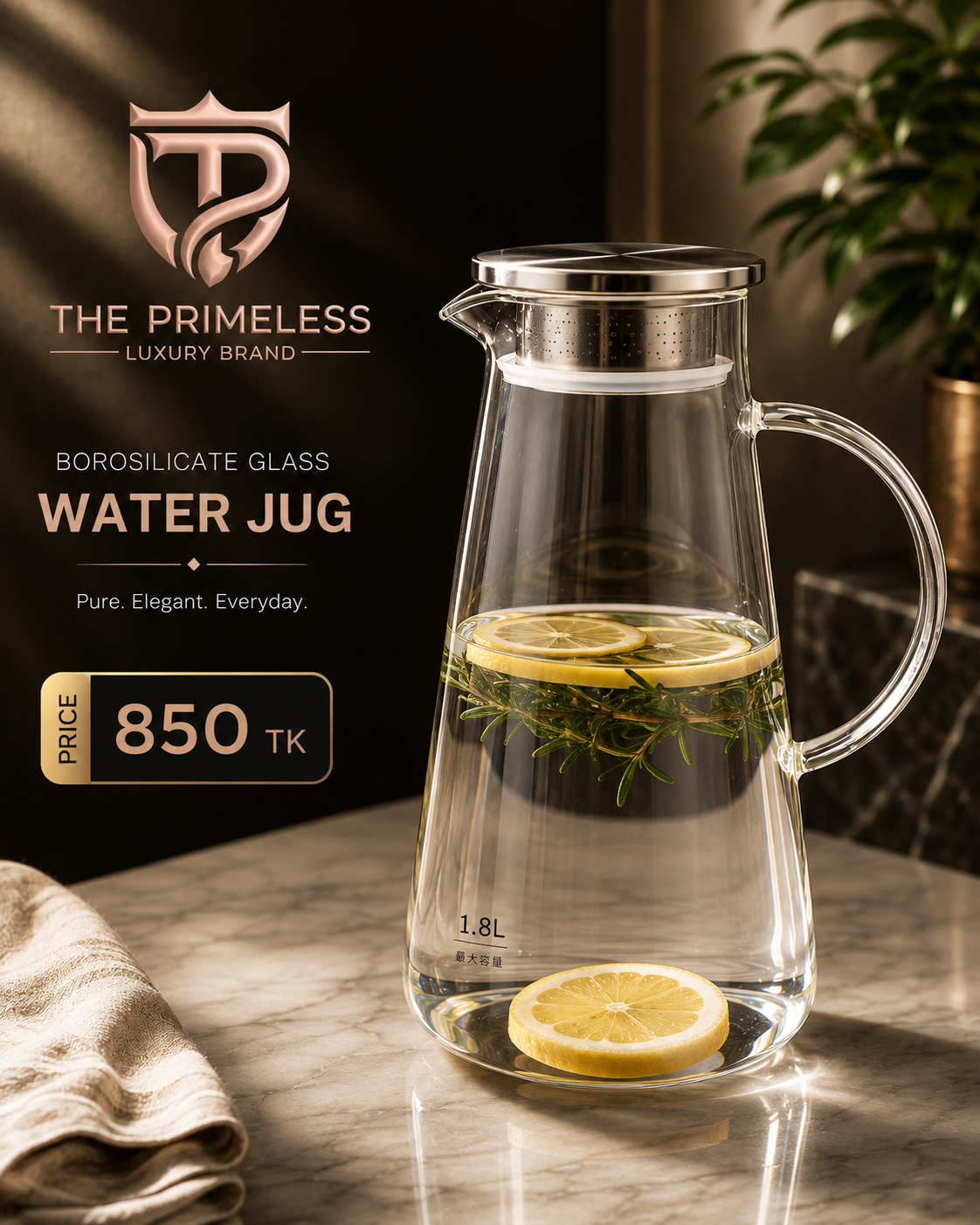1.8 Liter Premium Heat-Resistant Glass Water Jug