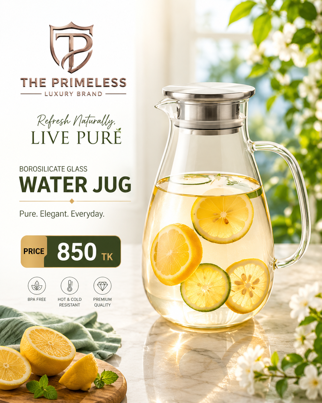 2.6 Liter Borosilicate Crystal Glass Water Jug