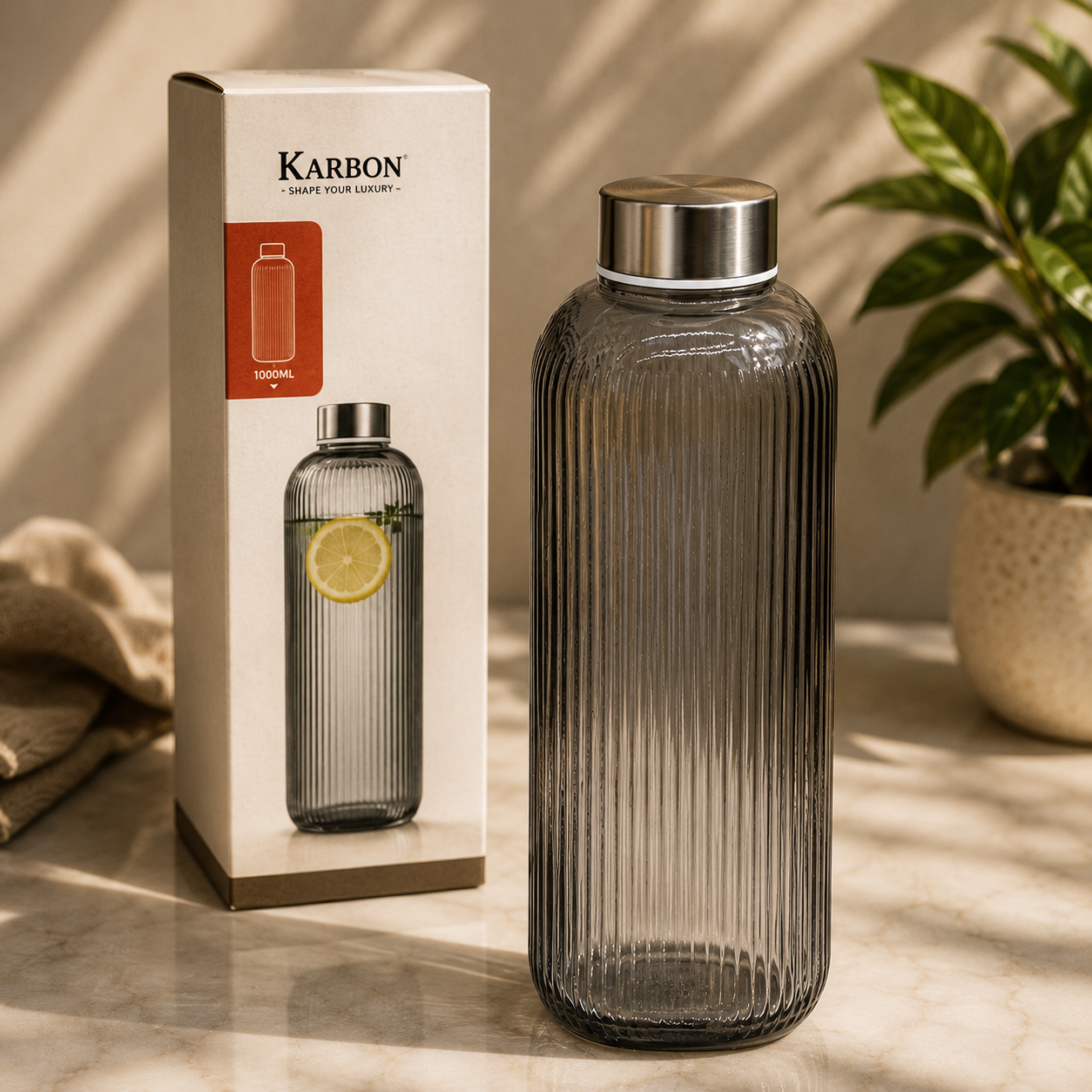 KARBON Premium Crystal Glass Water Bottle – 1000ml Black Stripe